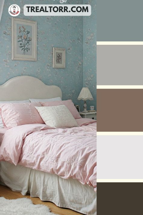 A cozy bedroom with powder blue walls, blush pink bedding, and white decor accents, creating a dreamy and romantic feel.