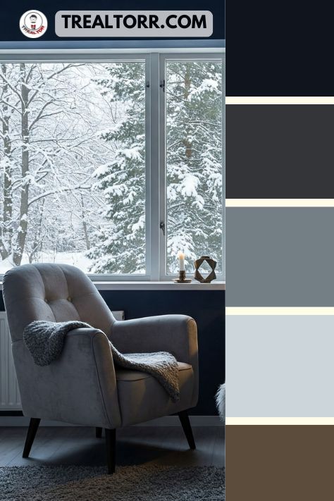 A study room with navy walls, frosted gray furniture, and warm lighting, creating a cozy winter workspace.