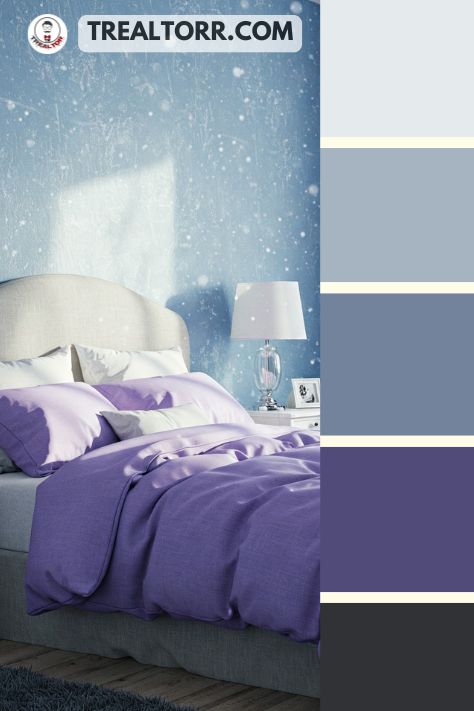 A bedroom with lavender bedding, ice-blue walls, and frosty white curtains, offering a serene winter retreat.