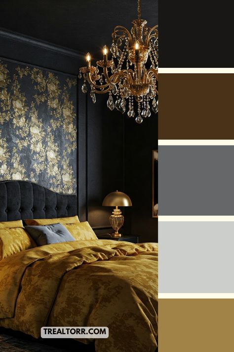 A bedroom with black walls, gold bedding accents, and luxurious gold decor, creating a bold and sophisticated winter look.