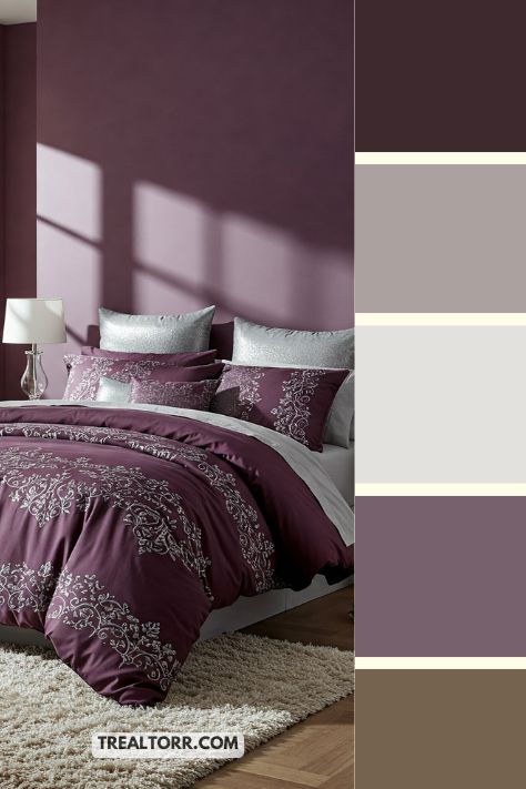 A bedroom with plum-colored walls, deep purple bedding, and silver or gold accents, creating a luxurious and cozy winter atmosphere.