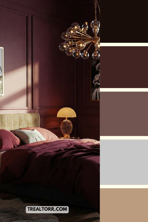 "A bedroom with deep burgundy walls, wine-colored bedding, and gold accents, creating a rich and cozy winter atmosphere."