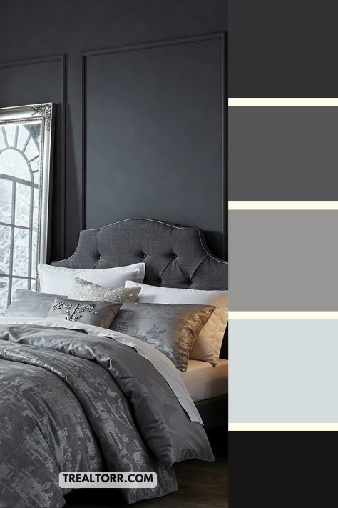 A bedroom with charcoal gray walls, silver bed linens, and metallic accessories, creating a chic and cozy winter atmosphere."