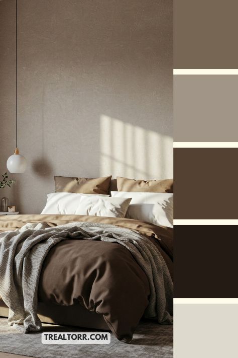 A bedroom with warm taupe walls, mocha bedding, and neutral wooden accents, creating a comfortable and cozy winter vibe