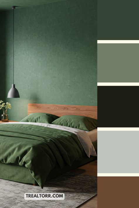 A bedroom with forest green walls, evergreen bedding, and wooden furniture, creating a peaceful, winter-inspired retreat.