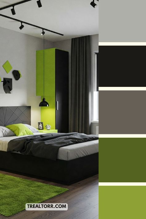 A bedroom with lime green accents, black furniture, and sleek decor, creating a bold and modern style.