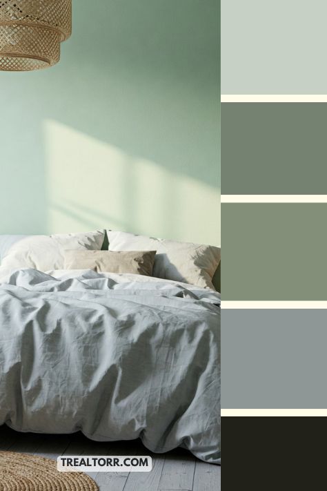 A bedroom with pistachio green walls, light gray bedding, and simple decor, creating a light, tranquil space
