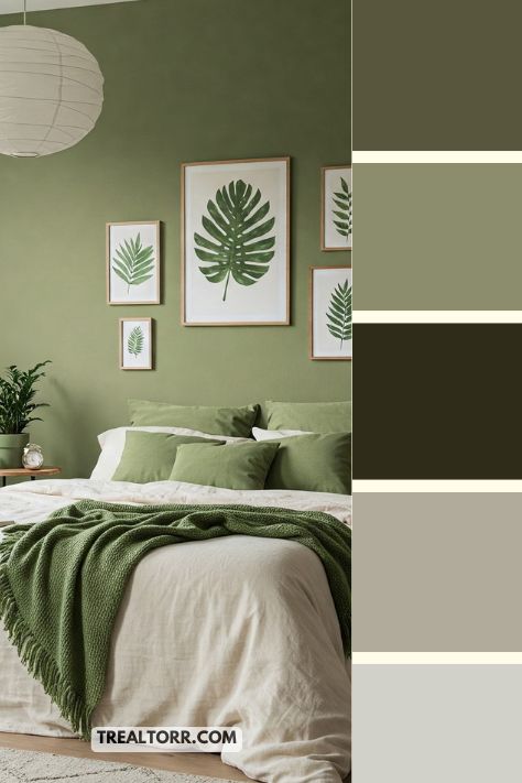A bedroom with olive green walls, cream-colored bedding, and soft green decor, offering a cozy, nature-inspired vibe.