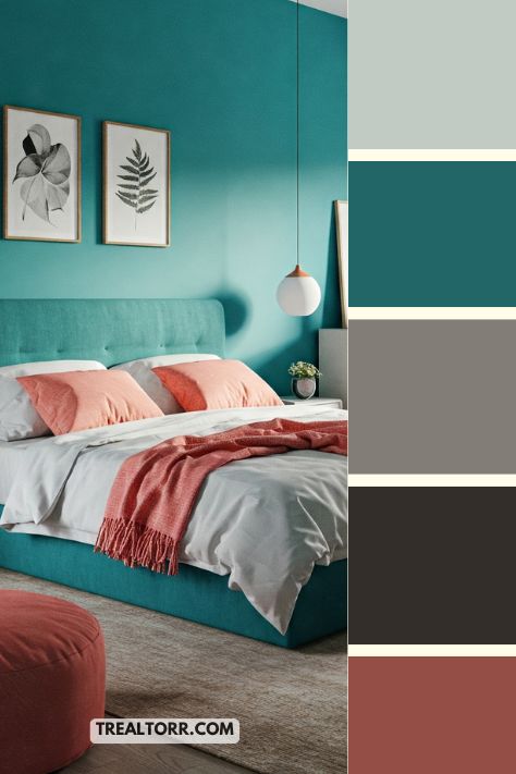 A bedroom with teal walls, coral-colored pillows and throws, and contemporary furniture, creating a vibrant, yet relaxing atmosphere.