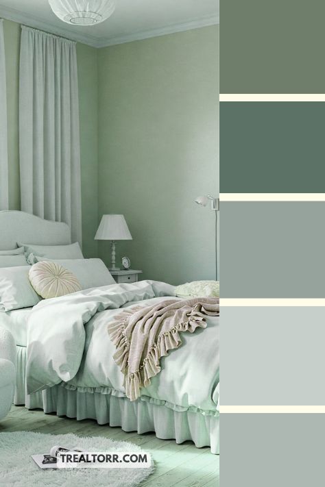A bedroom with mint green walls, pale pink accents in the bedding and decor, and soft, light furnishings, creating a light, refreshing space.
