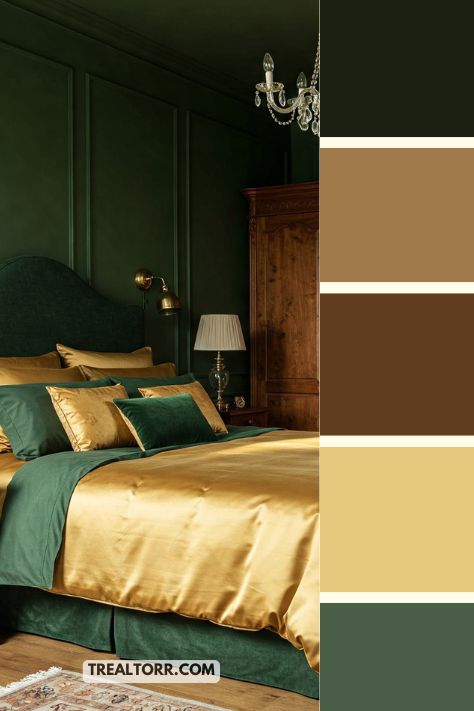 A bedroom with forest green walls, gold bedding accents, and warm, wooden furniture, creating a rich and elegant space.