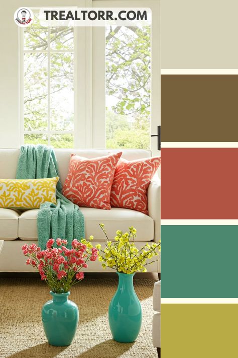 A playful living room with coral throw pillows, aqua vases, and white sofas, creating a fun and energetic spring vibe