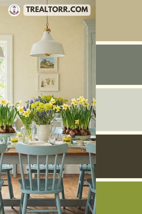 A charming dining room with baby blue chairs, buttercream yellow walls, and fresh flowers on the table, offering a bright spring feel