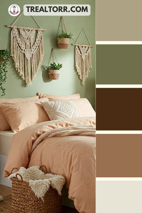 A boho-inspired bedroom with sage green walls, pale peach bedding, and woven decor accents, creating a cozy spring oasis