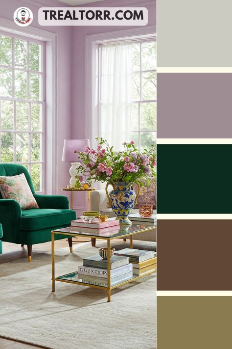 A living room with lilac walls, emerald green velvet chairs, and gold accents, creating a vibrant and luxurious spring ambiance
