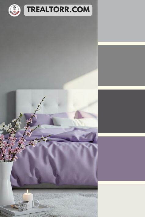 A bedroom with lavender bedding, soft gray walls, and white decor, offering a peaceful and soothing spring retreat