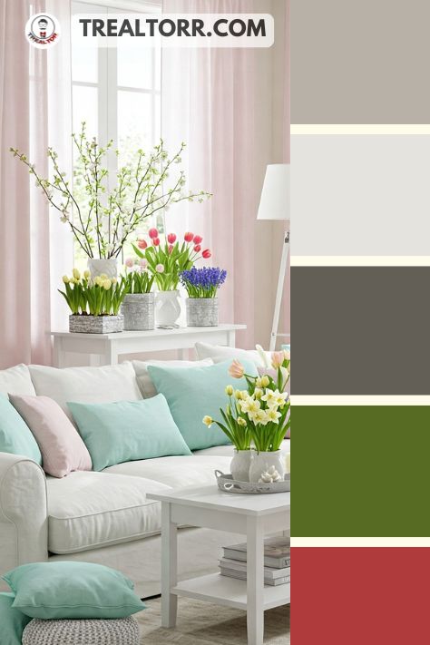 A living room with blush pink curtains, mint green cushions, and white furniture, surrounded by fresh flowers, evoking a spring garden indoors.