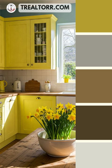 A cheerful kitchen with lemon yellow cabinets, sky blue walls, and natural wood accents, creating a vibrant spring atmosphere.