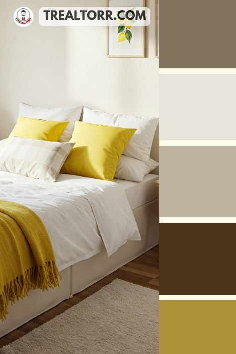 A bedroom with lemon yellow accents in pillows and throws, white bedding, and light wooden furniture, creating a fresh, sunny atmosphere.
