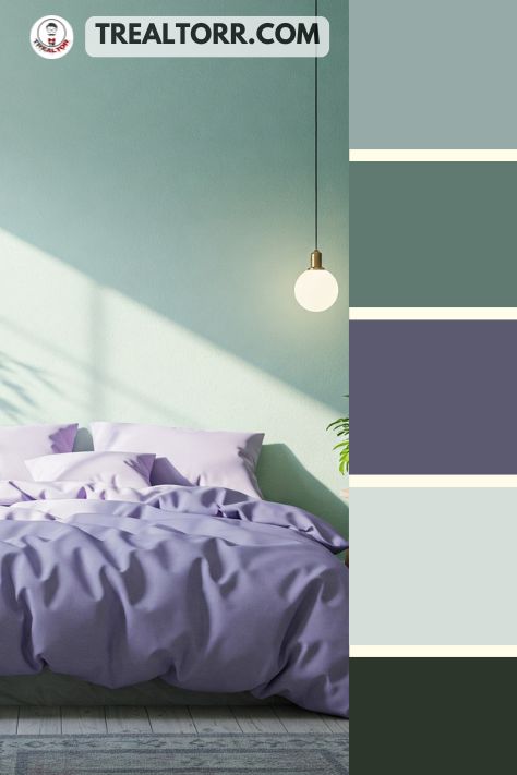 A bedroom with mint green walls, lavender bedding, and minimalist decor, featuring potted plants and soft lighting, for a calming summer vibe
