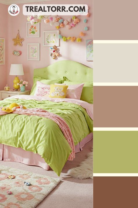 A bedroom with pastel pink walls, lime green bedding, and whimsical decor, creating a fun and fresh summer style.