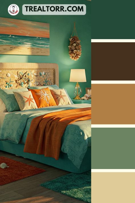 A bedroom with turquoise walls, sunset orange accents in pillows and rugs, and coastal decor for a striking summer escape.