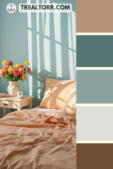 A bedroom with sky blue walls, peach accents in the bedding, and fresh flowers on a bedside table, offering a serene, summer-inspired look.