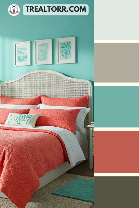 A bedroom with aqua walls, coral bedding, and white coastal decor, featuring natural light streaming through sheer curtains, evoking a beachy vibe.