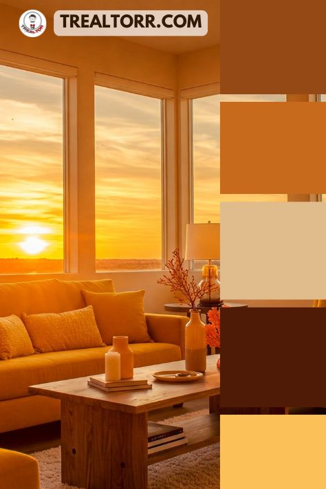 A cozy living room bathed in sunset hues, featuring golden yellow cushions, peach-toned walls, and warm beige accents with soft coral decor.