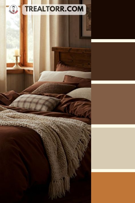 A bedroom with chocolate brown bedding, creamy beige curtains, and rustic wooden furniture, styled with candles and cozy blankets