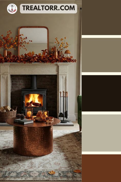 A living room with forest green sofas, copper accents, and a cozy fireplace, styled with fall leaves and earthy decor.