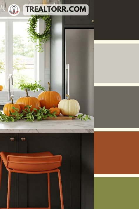 A modern kitchen with pumpkin orange bar stools, charcoal gray cabinets, and a white marble countertop, decorated with seasonal pumpkins and greenery