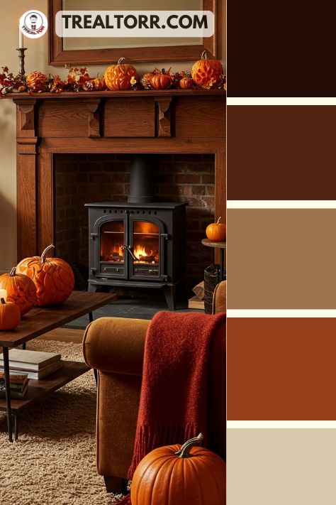 A cozy living room with burnt orange cushions, deep red throw blankets, and a warm beige rug, styled with fall decor like pumpkins and candles.