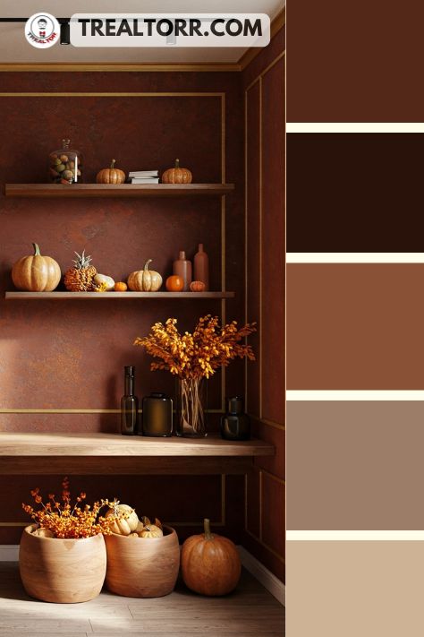 A workspace with rust red walls, goldenrod accents, and wooden shelves, surrounded by natural light and fall decor.