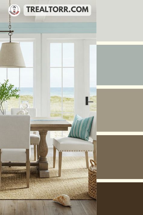 A coastal-inspired dining room with icy blue walls, soft white furniture, and natural woven accents, evoking a refreshing seaside feel