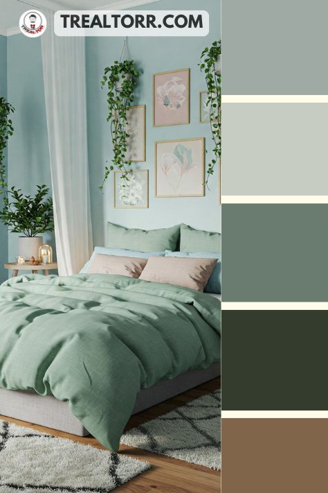 A bedroom with pale blue walls, sage green bedding, and white curtains, decorated with plants and soft textures for a calming effect.