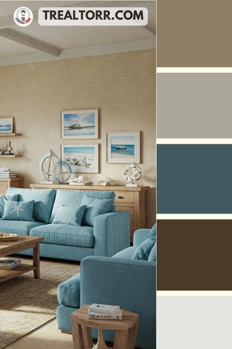 A living room with frosted blue sofas, sand beige walls, and natural wood accents, inspired by a breezy seaside retreat