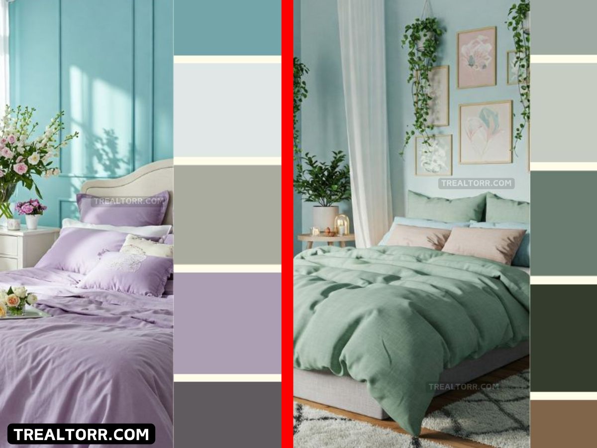 Cool summer color palette light green light purple bedroom home decor