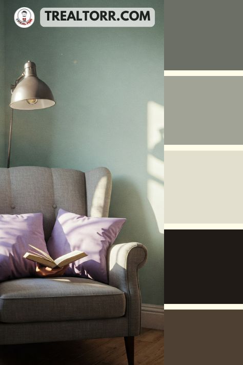 A cozy reading nook with lavender throw pillows, light teal walls, and a soft gray armchair, surrounded by natural light