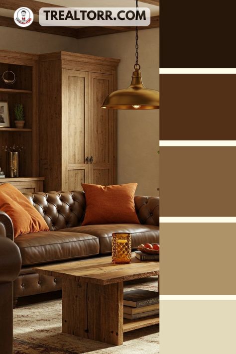 A living room with burnt orange accent pillows, deep brown leather sofas, and golden lighting, surrounded by natural wooden decor.