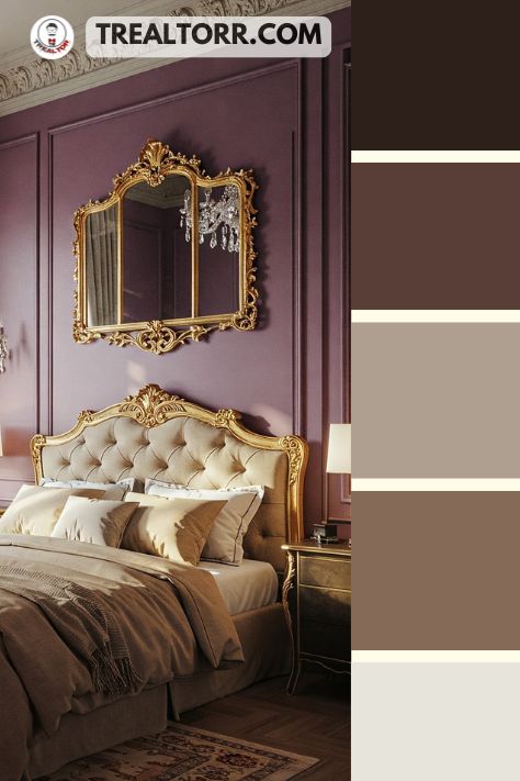 A bedroom with plum-colored walls, gold-framed mirrors, and soft beige bedding, creating a lavish and cozy atmosphere
