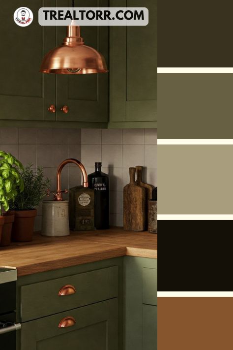 A kitchen with olive green cabinets, copper fixtures, and natural wood countertops, styled with fresh herbs and vintage decor
