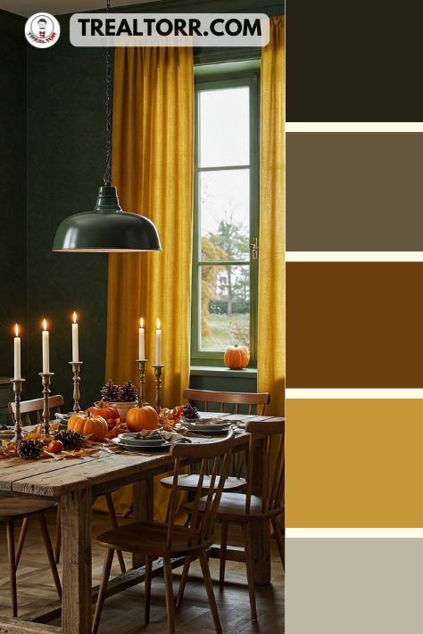 A dining room with forest green walls, mustard yellow curtains, and a rustic wooden table adorned with candles and seasonal decor.