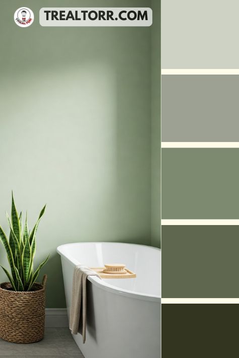 A bathroom with frosted green walls, creamy beige towels, and white decor, styled with natural textures and potted plants