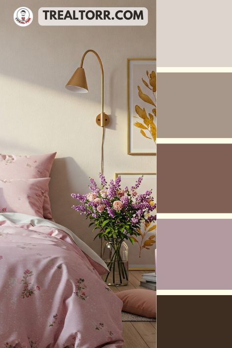 A bedroom with baby pink bedding, soft ivory walls, and gold-accented decor, styled with pastel flowers and cozy lighting