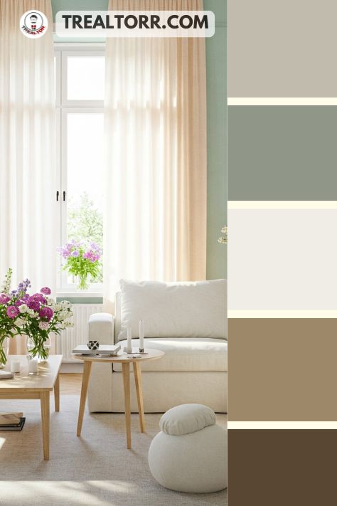 A living room with soft mint walls, pale peach curtains, and white furniture, styled with fresh flowers and light wooden accents.
