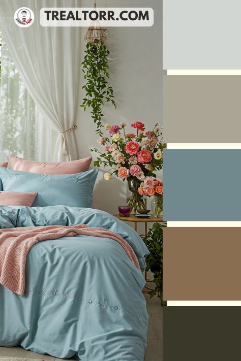 A bedroom with powder blue bedding, blush pink throw pillows, and soft white curtains, surrounded by floral accents and greenery