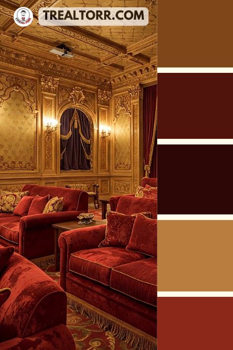 A regal home theater with ornate gold decor, plush red seating, and dramatic curtains in a mansion-like setting.