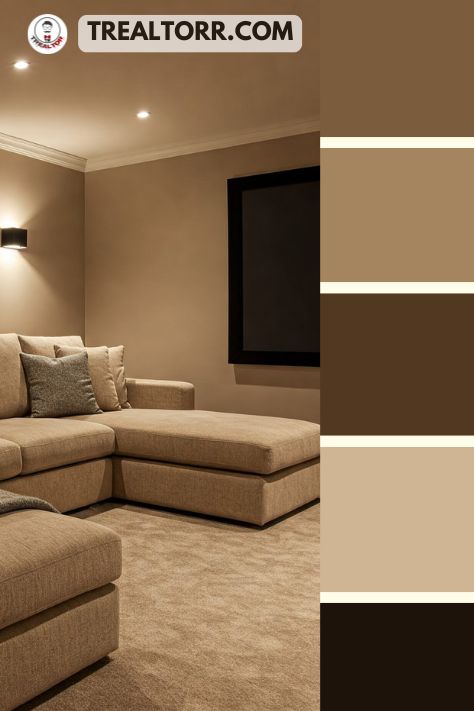 A cozy home theater with sectional seating, soft beige tones, plush blankets, and dimmable wall sconces.