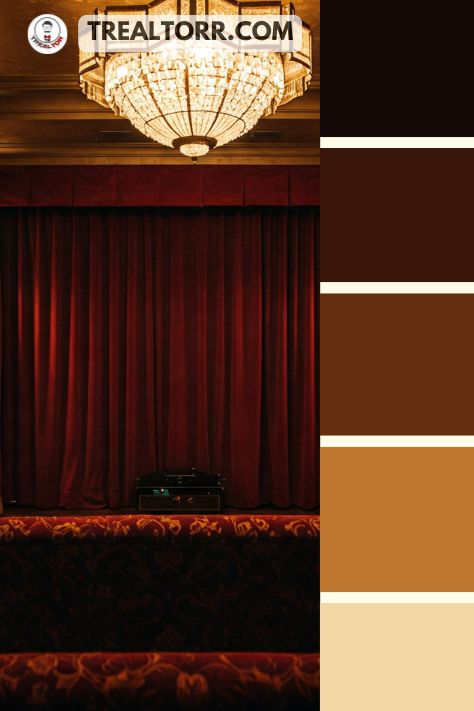 A vintage Hollywood-themed home theater with red velvet curtains, gold-framed posters, and a grand Art Deco chandelier